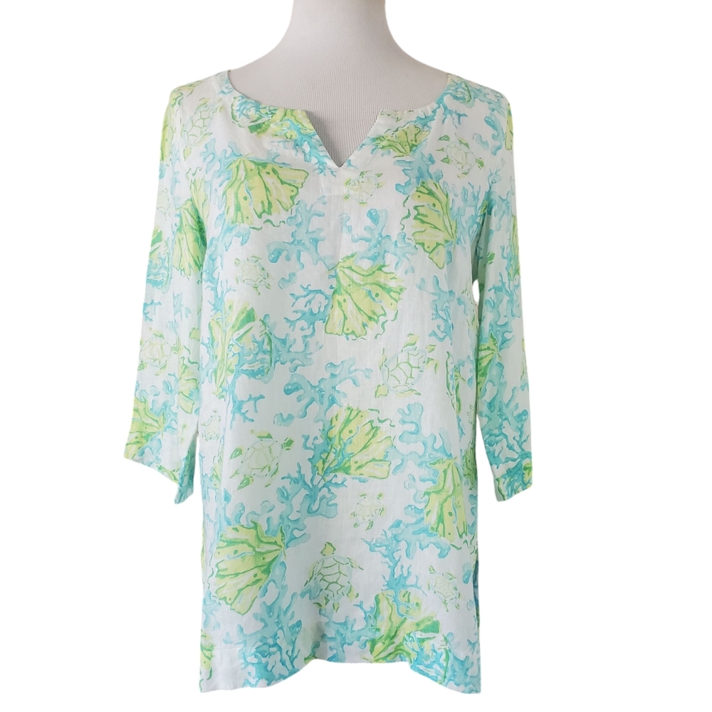 🔥J.JILL Love Linen Green/Blue Turtle/ Coral Lagenlook Coastal Vneck‎ Tunic SZ S